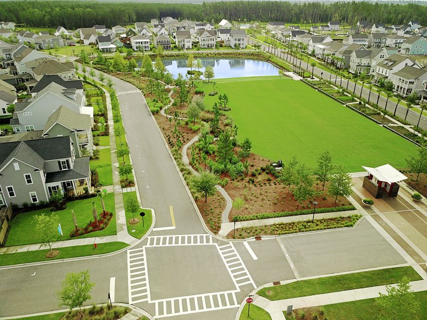 Overhead view of streets, homes and park at the Nexton development near Charleston.