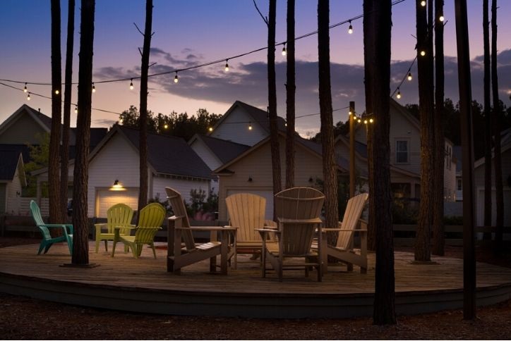 Porch with chairs and lighting