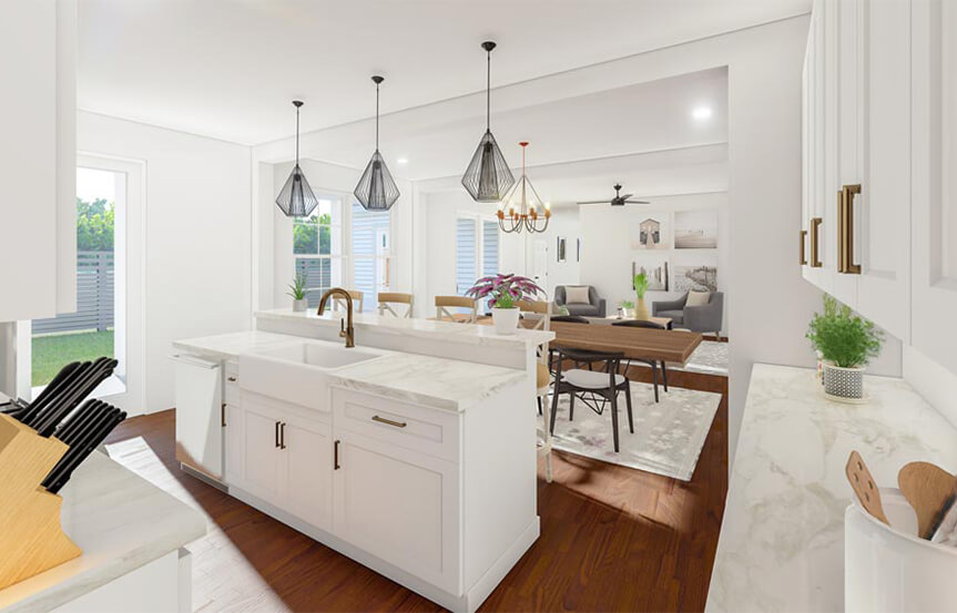 New Leaf Canella home plan rendering kitchen and dining area