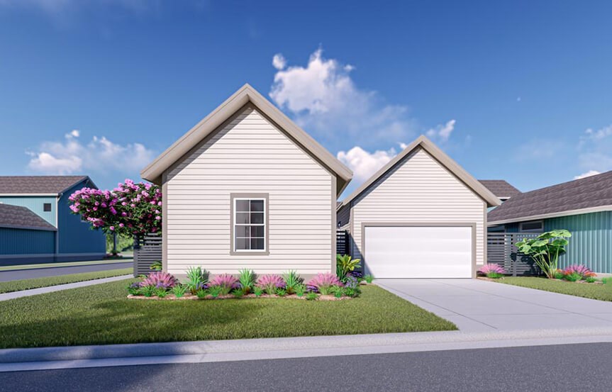 New Leaf Canella home plan rendering rear garage