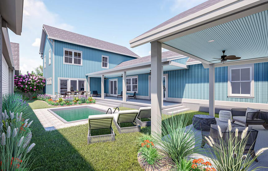 New Leaf Aneto model home bedroom rendering courtyard and pool area