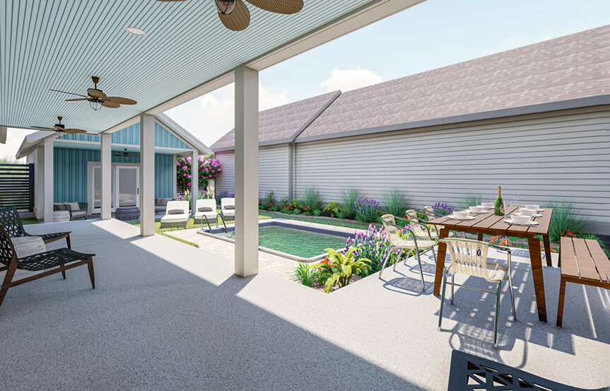 New Leaf Aneto model home bedroom rendering pool