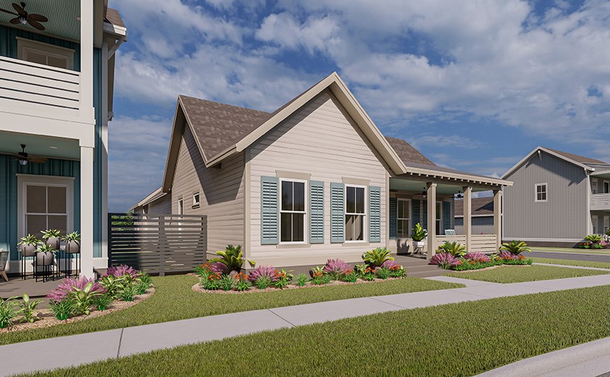 New Leaf Rosamarino home plan rendering exterior side angle