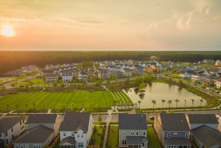 Aerial view of Nexton homes and green space.