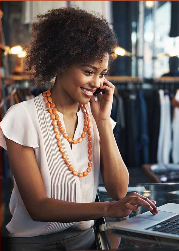 Woman working on computer.