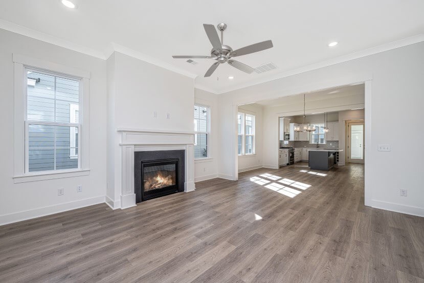 Homes By Dickerson Aberdeen home plan living room and fireplace