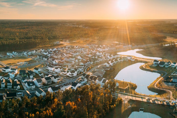 Aerial view of Nexton at sunset