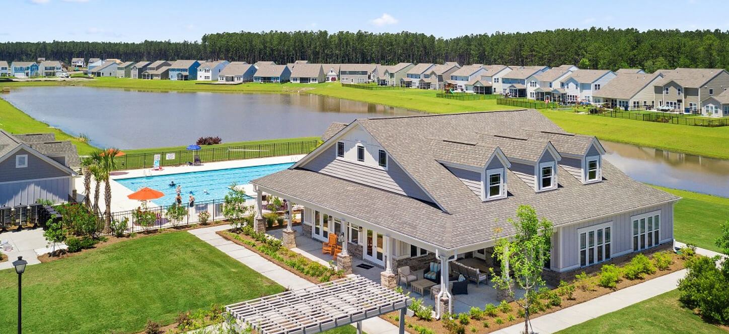 Aerial view of clubhouse and pool in North Creek Village, Nexton.