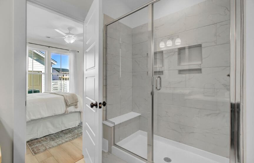 Saussy Burbank Broadway townhome model home Owner's suite bathroom shower